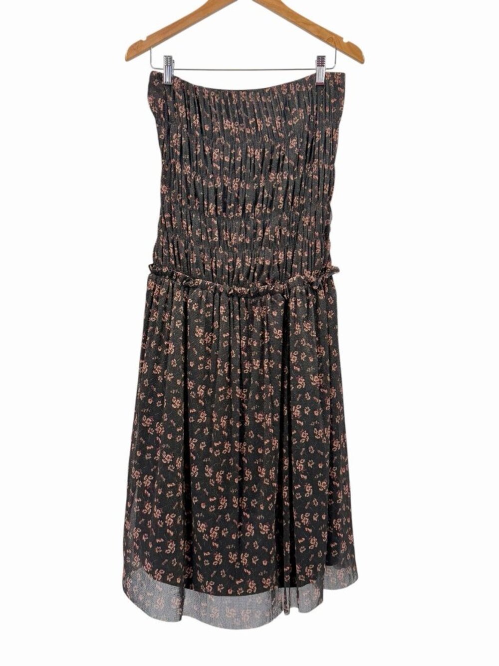 LUMIERE Women's Black Metallic Floral Strapless Smocked Drop Waist MIdi Dress LG